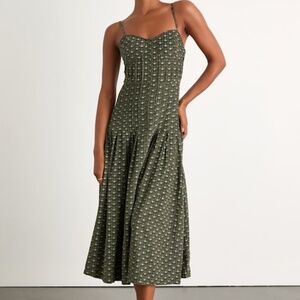 Lulus Joanna Olive Green Floral Corduroy Drop Waist Midi Dress - Size M